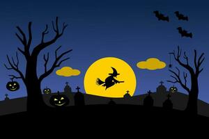 halloween blauw nacht achtergrond, pompoenen, grafsteen, heks, en vleermuizen. vector illustratie.