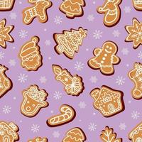 naadloos vectorpatroon van traditionele peperkoekkoekjes van diverse vormen voor Kerstmisviering temidden van sneeuwvlokken tegen violette achtergrond vector