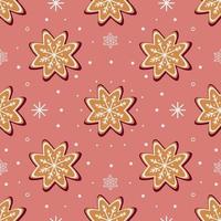 naadloos vectorpatroon van traditionele peperkoekkoekjes van diverse vormen voor Kerstmisviering temidden van sneeuwvlokken tegen violette achtergrond vector