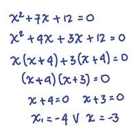 oplossen kwadratisch vergelijkingen door factoring. algebra, calculus senior hoog. wiskundig formules. vector illustratie. geïsoleerd Aan wit achtergrond.