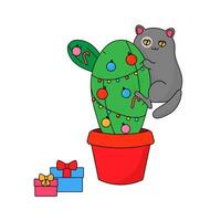 de kat beklommen omhoog de cactus boom. nieuw jaar en kerstmis. vector