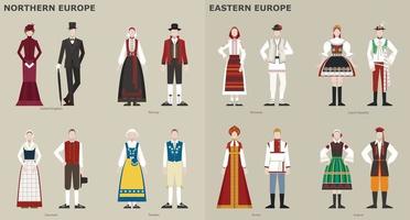 een verzameling traditionele kostuums per land. Europa. vectorontwerpillustraties. vector