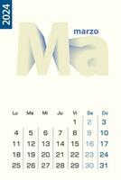 minimalistische kalender sjabloon voor maart 2024, vector kalender in Spaans taal.