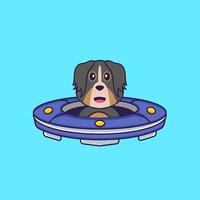 schattige hond die ruimteschip ufo bestuurt. dierlijk beeldverhaalconcept geïsoleerd. kan worden gebruikt voor t-shirt, wenskaart, uitnodigingskaart of mascotte. platte cartoonstijl vector