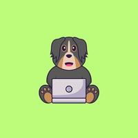 schattige hond met behulp van laptop. dierlijk beeldverhaalconcept geïsoleerd. kan worden gebruikt voor t-shirt, wenskaart, uitnodigingskaart of mascotte. platte cartoonstijl vector