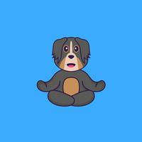 schattige hond mediteert of doet yoga. dierlijk beeldverhaalconcept geïsoleerd. kan worden gebruikt voor t-shirt, wenskaart, uitnodigingskaart of mascotte. platte cartoonstijl vector