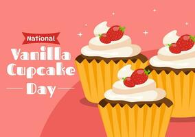 nationaal vanille koekje dag vector illustratie Aan 10 november van cupcakes met aardbei en vanille room in vlak tekenfilm roze achtergrond ontwerp