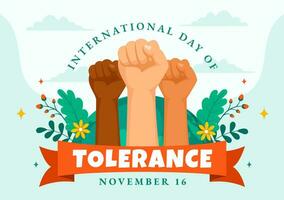 Internationale dag voor tolerantie vector illustratie Aan november 16 met Holding handen van verschillend huid kleur voor menselijk solidariteit in vlak tekenfilm