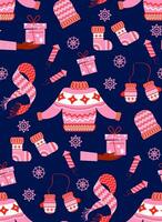 winter naadloos patroon. vector achtergrond van winter accessoires in vlak stijl. trui, handschoenen, sokken en andere elementen zijn roze met ornamenten.