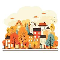 kleurrijk warm herfst stadsgezicht banier, verschillend geel, rood en oranje bomen. tekenfilm stijl. vector