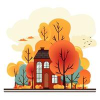 donker rood herfst huis in vallen Woud. warm kleur, tekenfilm stijl vector