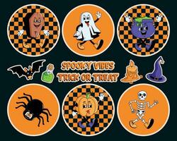 stickers voor halloween viering. retro tekenfilm tekens en elementen in modieus groovy stijl. pompoen, geest, skelet, knuppel, toverdrank, kaars, kist. vector illustratie.