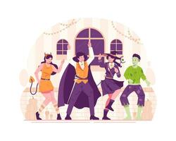 groep van gelukkig mensen gekleed in divers halloween kostuums zijn dansen Bij een halloween partij vector