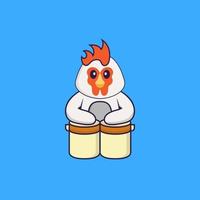 schattige kip speelt drums. dierlijk beeldverhaalconcept geïsoleerd. kan worden gebruikt voor t-shirt, wenskaart, uitnodigingskaart of mascotte. platte cartoonstijl vector