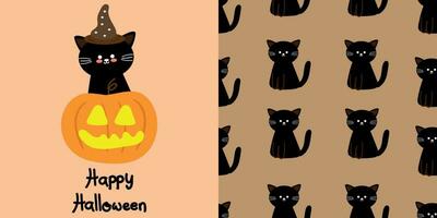 halloween naadloos patroon en kaart met tekenfilm pompoenen, katten en halloween elementen. schattig halloween achtergronden en kaarten voor vakantie thema's, geschenk omhulsel papier vector