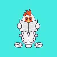 schattige kip poept op het toilet en leest de krant. dierlijk beeldverhaalconcept geïsoleerd. kan worden gebruikt voor t-shirt, wenskaart, uitnodigingskaart of mascotte. platte cartoonstijl vector