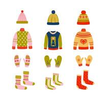 winter warm kleren en essentials verzameling - lelijk trui, sokken, wanten, hoed. gebreid kleding. knus seizoen. kerstmis, nieuw jaar. retro wijnoogst kleuren. vector