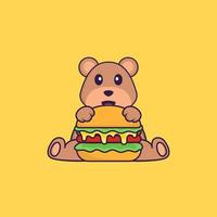 schattige beer die hamburger eet. dierlijk beeldverhaalconcept geïsoleerd. kan worden gebruikt voor t-shirt, wenskaart, uitnodigingskaart of mascotte. platte cartoonstijl vector