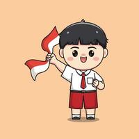 Indonesisch leerling elementair school- Holding vlag schattig kawaii jongen karakter vector