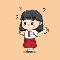 Indonesisch leerling elementair school- verward schattig kawaii meisje karakter vector
