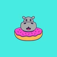 schattig nijlpaard met een donut op zijn nek. dierlijk beeldverhaalconcept geïsoleerd. kan worden gebruikt voor t-shirt, wenskaart, uitnodigingskaart of mascotte. platte cartoonstijl vector