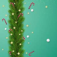 Kerstmis boom takken versierd met gouden sterren en sneeuwvlokken, snoep wandelstokken en wit Kerstmis ballen. vakantie decoratie element met wensen. vector illustratie