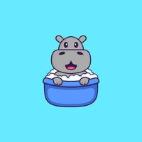 schattig nijlpaard dat een bad neemt in de badkuip. dierlijk beeldverhaalconcept geïsoleerd. kan worden gebruikt voor t-shirt, wenskaart, uitnodigingskaart of mascotte. platte cartoonstijl vector
