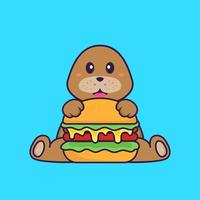 schattige hond die hamburger eet. dierlijk beeldverhaalconcept geïsoleerd. kan worden gebruikt voor t-shirt, wenskaart, uitnodigingskaart of mascotte. platte cartoonstijl vector