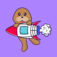 schattige hond die op raket vliegt. dierlijk beeldverhaalconcept geïsoleerd. kan worden gebruikt voor t-shirt, wenskaart, uitnodigingskaart of mascotte. platte cartoonstijl vector