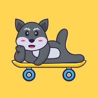 schattige vos liggend op een skateboard. dierlijk beeldverhaalconcept geïsoleerd. kan worden gebruikt voor t-shirt, wenskaart, uitnodigingskaart of mascotte. platte cartoonstijl vector