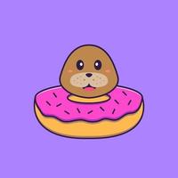 schattige hond met een donut op zijn nek. dierlijk beeldverhaalconcept geïsoleerd. kan worden gebruikt voor t-shirt, wenskaart, uitnodigingskaart of mascotte. platte cartoonstijl vector