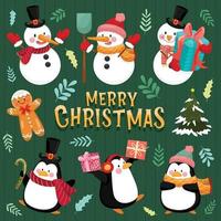 merry christmas icoon met sneeuwpop, dennen, bladeren, geschenkdozen en pinguïns. vector