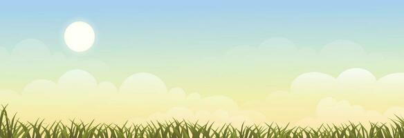 voorjaar achtergrond, zonsopgang zomer landschap in dorp met groen veld, wolk en blauw lucht achtergrond.landelijk platteland en grasland met zonsondergang in herfst, vector natuur landschap tekenfilm achtergrond