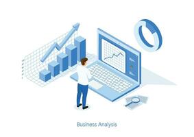 isometrische bedrijf Mens werken voor gegevens analytics en toezicht houden Aan web verslag doen van dashboard toezicht houden op en bedrijf financiën. illustrator vector