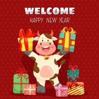 gelukkig nieuwjaar met koe karakter glimlachend vakantiebanner, webposter, flyer, stijlvolle brochure, wenskaart. kerst achtergrond vector