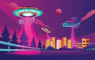 mooi van ufo-invasie in de veelkleurige achtergrond van de stad vector