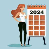 aantrekkelijk vrouw met groot 2024 kalender, vector illustratie.