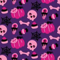 naadloos patroon in roze, zwart kleuren voor halloween. pompoen, snoep met een oog, snoepgoed, schedel, spin web, botten Aan een Purper achtergrond vector illustratie in tekenfilm stijl. verpakking, partij