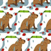 de capibara patroon duurt een bamboe regen douche met aardbeien. vector vlak structuur Aan een wit achtergrond. de dier staat onder een stroom van water en geniet. naadloos textuur. capibara wast