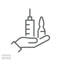 krijgen vaccin, spuit, druk op, hand- lijn icoon. Gezondheid medisch ampullen en schot injectie voor immunisatie en vaccinatie. geneesmiddel. bewerkbare beroerte vector illustratie ontwerp Aan wit achtergrond eps 10