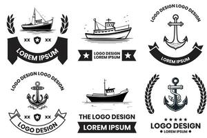 visvangst en maritiem logo in vlak lijn kunst stijl vector