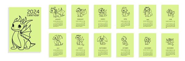 kalender 2024 met schattig weinig draken in tekening stijl. schattig draken kalender 2024 a4. week begin van zondag. vector illustratie. baby draken kalender 2024