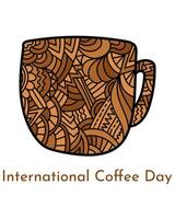 Internationale koffie dag, verticaal poster ontwerp met een kop met zen patronen vector