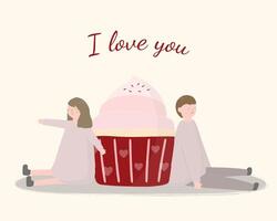 jong stel zit met liefde in de buurt van grote cup cake vector