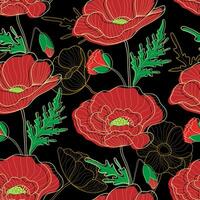 klaprozen naadloos patroon. rood klaprozen en goud schets bloemen Aan zwart achtergrond. bloemen afdrukken voor textiel, achtergronden, kleding stof en omhulsel papier. vector