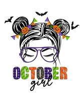 oktober meisje. hand- getrokken vrouw gezicht met spookachtig pompoenen, vleermuizen en tekening tekst. gelukkig halloween concept. vakantie ontwerp voor poster, banier vector