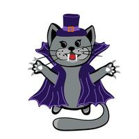 schattig kat in spookachtig kleding van dracula. halloween kat kostuum feest. vector