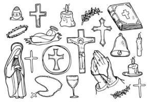 christen religie tekening icoon set. Christendom vector illustratie verzameling. kruis en symbolen hand- getrokken lijn kunst stijl. Pasen concept
