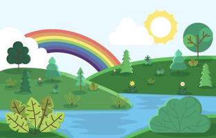 mooie regenboog zomer heuvels rivier natuur landschap illustratie vector