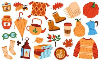 reeks van knus herfst elementen. pompoenen, paraplu, trui, mokka pot, kaars, bladeren, koffie, kussen, boeken, lantaarn, laarzen enz. schattig plakboek verzameling van vallen seizoen elementen. vector